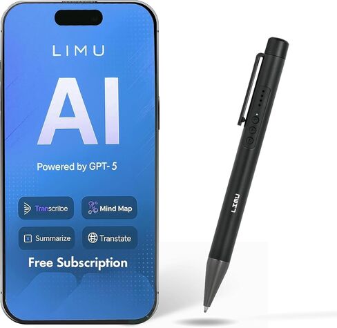 قلم تسجيل صوتي LIMU AI مع التحكم في التطبيق - جهاز تدوين ملاحظات AI بتصميم ألماني سعة 64 جيجابايت - ترجمة GPT 5 وملخصات وخرائط ذهنية 125 لغة، 400 دقيقة/شهر، مسجل صوت 25 ساعة مع النسخ in Kuwait