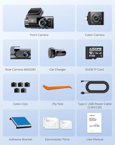 AZDOME 3 Channel Dash Cam Front and Rear Inside, 4K+1080P+2.5K ADAS Dash Cam, 3.19'' IPS Car Camera, 5.8G WiFi GPS Dash Cam for Cars, Voice Control, Night Vision, 24/7 Parking Mode, 64GB Card M550 Pro in Kuwait
