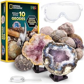 NATIONAL GEOGRAPHIC Break Open 10 Premium Geodes – Includes Goggles and 2 Display Stands - Great STEM Science Kit, Geology Gift for Kids, Break Your Own Geodes with Crystals, Toys for Boys and Girls in Kuwait