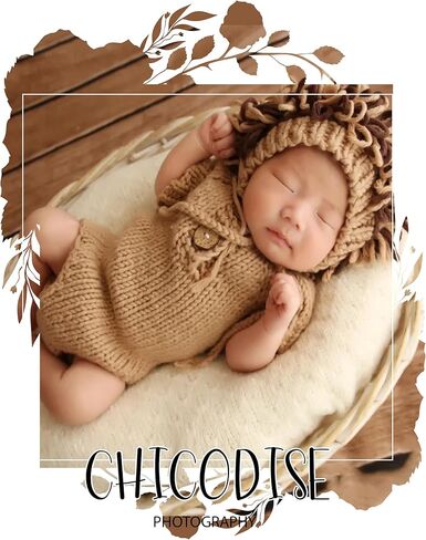 Newborn Photography Props Hand-Knitted Lion Set | Baby Boys Girls Photo Shoot Animals Outfit with Hat Romper in Kuwait