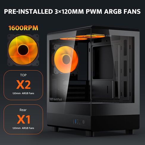 darkFlash DB330M Micro-ATX Gaming PC Case, 270° Panoramic Dual Tempered Glass, 3× Pre-Installed PWM ARGB Fans, Vertical Airflow Design, Type-C Front I/O, Supports up to 240mm AIO, Black in Kuwait