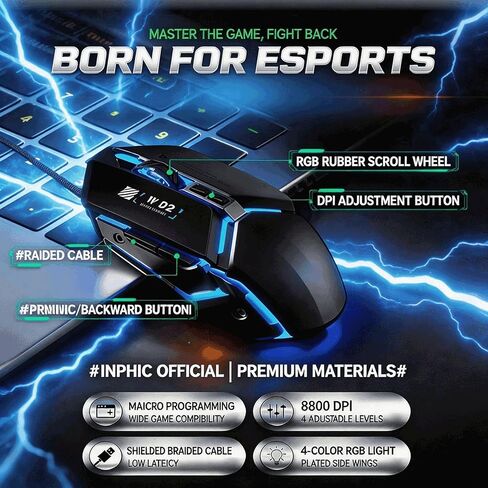 【 2026 Upgraded Mouse Macro - 59 Inch Cable 】High Performance Wired Gaming Optical mouse - 8800DPI Optical Sensor - Easy USB Connection - 6 Programmable Shortcut Keys - Anti Slip Rolle - Plug and Play in Kuwait