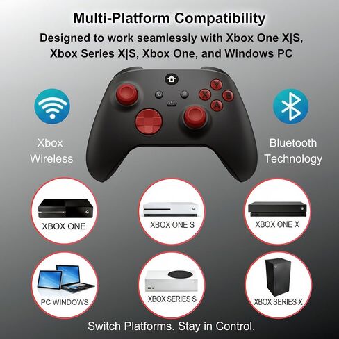 CRUAYA Wireless Gaming Controller Compatible with Xbox Series X|S, Xbox One and Windows PC with Rechargeable 1400mAh Battery Display, Bluetooth Gaming Controller, USB-C, 3.5mm Audio Jack, Black and Red Design in Kuwait
