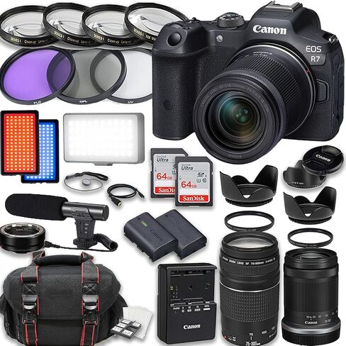 Canon EOS R7 Mirrorless Camera RF-S 18-150mm is STM Lens + EF 75-300mm III Lens + Accessories Included: 2X 64GB Memory Cards, LED Video Light, Case & More (Renewed) in Kuwait
