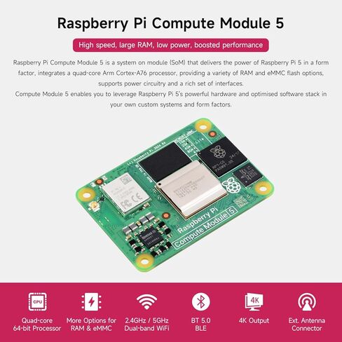 وحدة حساب Waveshare CM5 Pi 5، تأتي مع جهاز Raspberry Pi CM5004016 الرسمي (بدون اتصال لاسلكي، ذاكرة وصول عشوائي سعتها 4 جيجابايت، فلاش eMMC سعة 16 جيجابايت)، ومجموعة هوائي ومشتت حرارة (3 عناصر) in Kuwait