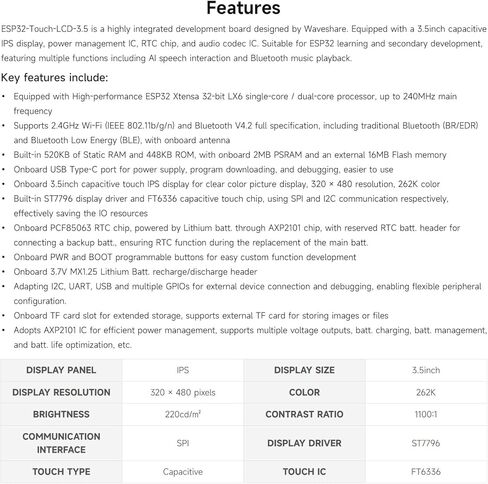 Waveshare ESP32 3.5inch Rounded Corner Touch LCD Development Board, 320 × 480, Onboard Audio Codec Chip, Built-in Microphone and Speaker, Supports Wi-Fi and BLE, Without BAT in Kuwait