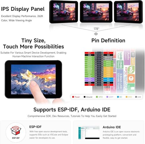 Waveshare ESP32 3.5inch Rounded Corner Touch LCD Development Board, 320 × 480, Onboard Audio Codec Chip, Built-in Microphone and Speaker, Supports Wi-Fi and BLE, Without BAT in Kuwait
