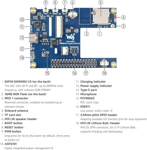 Waveshare ESP32 3.5inch Rounded Corner Touch LCD Development Board, 320 × 480, Onboard Audio Codec Chip, Built-in Microphone and Speaker, Supports Wi-Fi and BLE, Without BAT in Kuwait