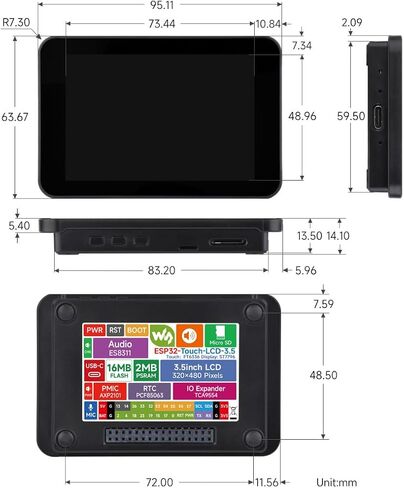 Waveshare ESP32 3.5inch Rounded Corner Touch LCD Development Board, 320 × 480, Onboard Audio Codec Chip, Built-in Microphone and Speaker, Supports Wi-Fi and BLE, Without BAT in Kuwait