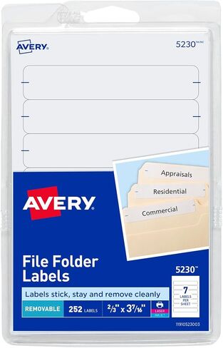 ملصقات مجلد ملفات Avery على أوراق مقاس 4 × 6 بوصة، لاصق قابل للإزالة، أبيض، 2/3 بوصة × 3-7/16 بوصة، 252 ملصقًا (5230) in Kuwait