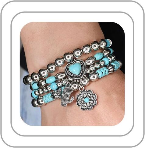 Turquoise Western Bracelets for Women Stackable Stretch Turquoise Bracelet Layer Beaded Bracelet Boho Western Bracelet Jewelry Country Cowgirl Outfit Accessories in Saudi Arabia