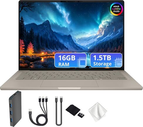 ASUS Zenbook A14 14" FHD+ OLED Laptop, Snapdragon X Plus X1P-42-100, Adreno Graphics, 16GB LPDDR5X, 1.5TB Storage (512GB SSD&1TB Docking Station), Backlit KB, Copilot+ PC, Win 11, Zabriskie Beige in Saudi Arabia