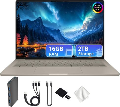 ASUS Zenbook A14 14" FHD+ OLED Laptop, Snapdragon X Plus X1P-42-100, Adreno Graphics, 16GB LPDDR5X, 1.5TB Storage (512GB SSD&1TB Docking Station), Backlit KB, Copilot+ PC, Win 11, Zabriskie Beige in Saudi Arabia