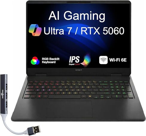 HP OMEN 16 Ultra Slim AI Gaming Laptop 16.0" 144Hz 2K Display (Intel Ultra 7-255H, GeForce RTX 5060 8GB, 16GB DDR5, 1TB PCIe SSD, 4-Zone RGB KB, WiFi 6E, Win 11 Pro) w/DKZ USB Port Expander in Kuwait