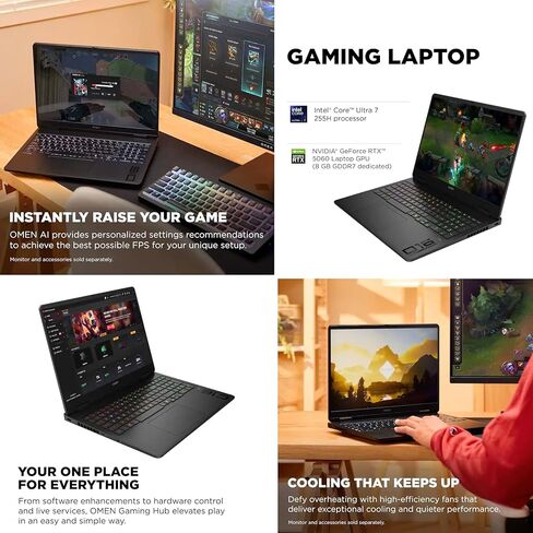 HP OMEN 16 Ultra Slim AI Gaming Laptop 16.0" 144Hz 2K Display (Intel Ultra 7-255H, GeForce RTX 5060 8GB, 16GB DDR5, 1TB PCIe SSD, 4-Zone RGB KB, WiFi 6E, Win 11 Pro) w/DKZ USB Port Expander in Kuwait