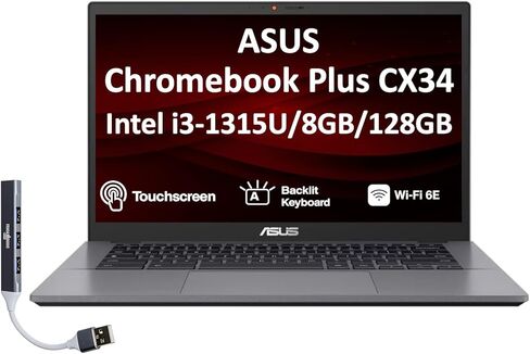 ASUS Chromebook Plus CX34 14.0" FHD Touchscreen 3-Sided NanoEdge Display (Intel i3-1315U, 8GB LPDDR5, 128GB SSD, Backlit KB, Wi-Fi 6E, HD Webcam, Chrome OS) - Ideal for Everyday Value Use (Renewed) in Kuwait