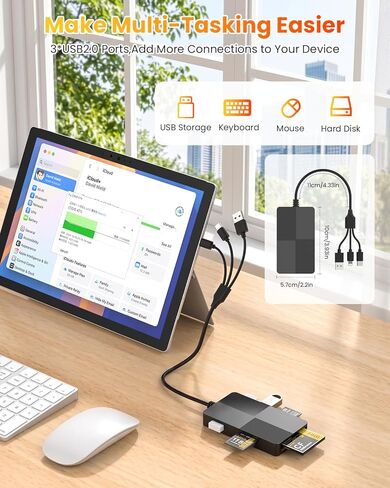 8-in-1 Memory Card Reader with Lightning USB-C USB-A Connectors, Memory Stick pro Duo Adapter Readers for SD/TF/MS/CF/XD Cards with 3 USB 2.0 Ports XD Picture Card Reader for iPhone/iPad/Android/PC in Kuwait