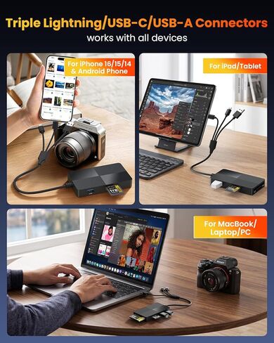 8-in-1 Memory Card Reader with Lightning USB-C USB-A Connectors, Memory Stick pro Duo Adapter Readers for SD/TF/MS/CF/XD Cards with 3 USB 2.0 Ports XD Picture Card Reader for iPhone/iPad/Android/PC in Kuwait