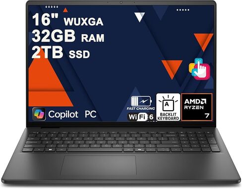 كمبيوتر محمول Dell 16 بشاشة لمس WUXGA مقاس 16 بوصة AMD 8-core Ryzen 7 250 وذاكرة وصول عشوائي 32 جيجابايت ومحرك أقراص SSD سعة 2 تيرابايت وإضاءة خلفية ExpressCharge Wi-Fi6 لمصمم الأعمال الاحترافي Win11 in Kuwait