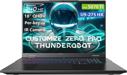 كمبيوتر محمول مخصص، مصنوع من كمبيوتر محمول للألعاب Thunderobot Zero 18 Pro RTX 5070 Ti، شاشة 18 بوصة QHD+ 240 هرتز، Ultra 9 275HX، ذاكرة الوصول العشوائي DDR5 32 جيجابايت / 64 جيجابايت، 1 تيرابايت / 4 تيرابايت PCIe SSD، لكل مفتاح RGB، كاميرا تعمل بالأشعة ت in Kuwait