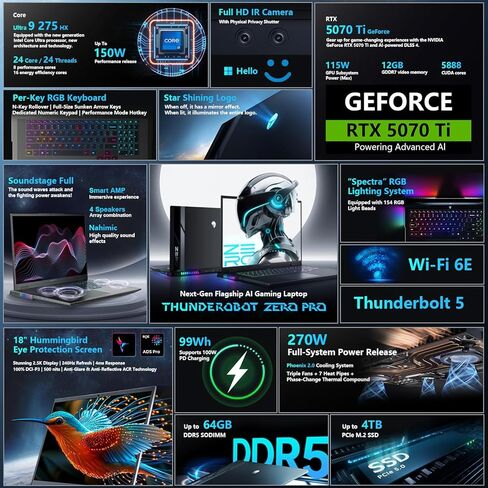 كمبيوتر محمول مخصص، مصنوع من كمبيوتر محمول للألعاب Thunderobot Zero 18 Pro RTX 5070 Ti، شاشة 18 بوصة QHD+ 240 هرتز، Ultra 9 275HX، ذاكرة الوصول العشوائي DDR5 32 جيجابايت / 64 جيجابايت، 1 تيرابايت / 4 تيرابايت PCIe SSD، لكل مفتاح RGB، كاميرا تعمل بالأشعة ت in Kuwait