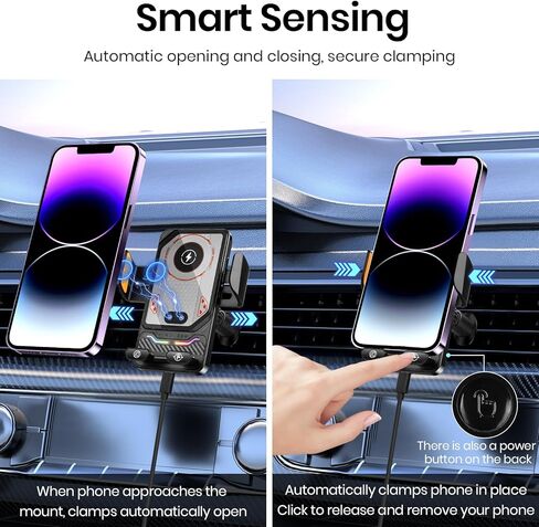 Wireless Car Phone Charger Holder, Smart Auto-Clamping Fast Charging Car Phone Holder with Atmosphere Lights, Rotating Air Vent Mount Compatible with All Smartphones (Black) in Kuwait