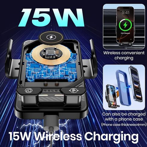 Wireless Car Phone Charger Holder, Smart Auto-Clamping Fast Charging Car Phone Holder with Atmosphere Lights, Rotating Air Vent Mount Compatible with All Smartphones (Black) in Kuwait