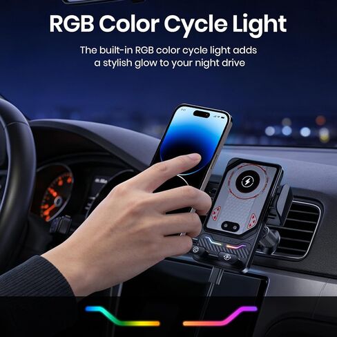 Wireless Car Phone Charger Holder, Smart Auto-Clamping Fast Charging Car Phone Holder with Atmosphere Lights, Rotating Air Vent Mount Compatible with All Smartphones (Black) in Kuwait