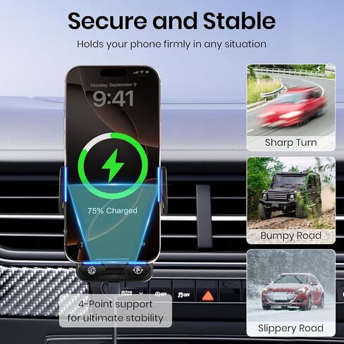 Wireless Car Phone Charger Holder, Smart Auto-Clamping Fast Charging Car Phone Holder with Atmosphere Lights, Rotating Air Vent Mount Compatible with All Smartphones (Black) in Kuwait