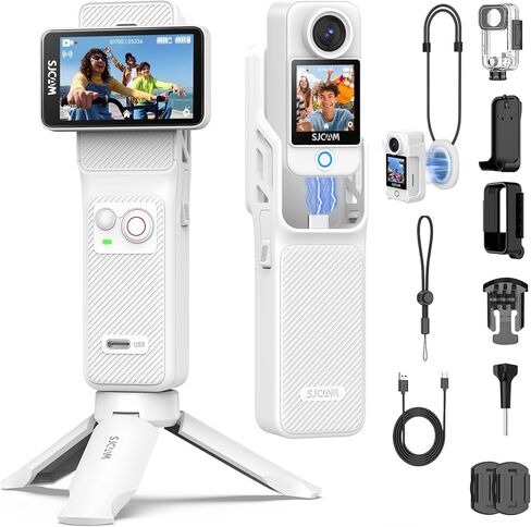 كاميرا SJCAM C400 4K YouTube Creator، مقبض بطارية 7H، كاميرا سفر 3 في 1 محمولة يمكن ارتداؤها مع شاشة لمس 2.29 بوصة، تثبيت 6 محاور، كاميرا مقاومة للماء 30 متر، بيضاء in Kuwait