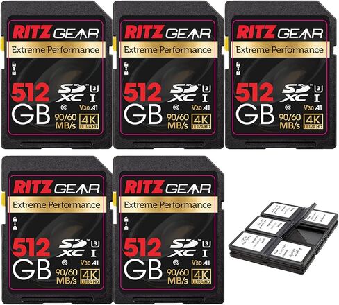 RITZ GEAR Extreme Performance High Speed UHS-I SDXC 512GB 90/60 MB/S U3 A1 C10 V30 Memory Card (5 Units) Designed for SD Devices That can Capture Full HD, 3D, and 4K Video as Well as raw Photography in Kuwait