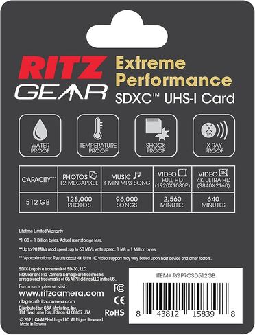 RITZ GEAR Extreme Performance High Speed UHS-I SDXC 512GB 90/60 MB/S U3 A1 C10 V30 Memory Card (5 Units) Designed for SD Devices That can Capture Full HD, 3D, and 4K Video as Well as raw Photography in Kuwait