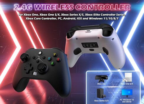 Gamrombo 2 Pack Wireless Controller Replacement for X-box One, X-box Series X|S Controller with Audio Jack & Volume Button/Turbo/Macro/Dual Shock, with 2.4GHz Adapter Black+White - Need to Upgrade in Kuwait