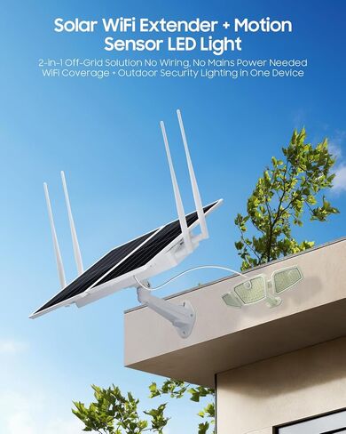 Solar WiFi Extender with Motion Sensor Light - 1200Mbps Outdoor WiFi Extender Signal Booster, 30W Solar Powered WiFi Repeater with 4 Antennas, 30000mAh Battery, Long Range for Farm & Garden (White) in Kuwait