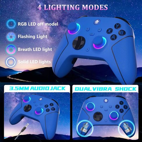 وحدة تحكم YUYIU لاسلكية 2.4 جيجا هرتز مع 7 ألوان RGB Light لوحدة تحكم Xbox، وXbox One Series X|S، ووحدات التحكم، ونوافذ الكمبيوتر الشخصي البخاري، مع بطارية 1000 مللي أمبير/ساعة Vib-ration مزدوجة/Turbo/قابلة للبرمجة، ومقبس صوت 3.5 مم (أزرق) in Kuwait