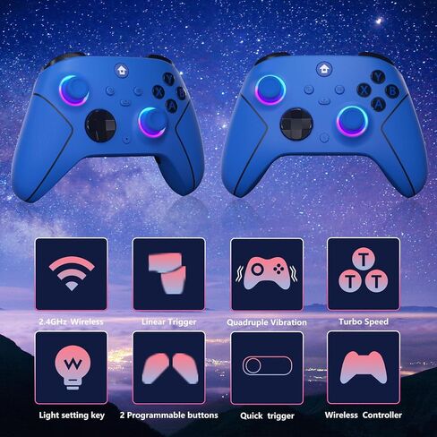 وحدة تحكم YUYIU لاسلكية 2.4 جيجا هرتز مع 7 ألوان RGB Light لوحدة تحكم Xbox، وXbox One Series X|S، ووحدات التحكم، ونوافذ الكمبيوتر الشخصي البخاري، مع بطارية 1000 مللي أمبير/ساعة Vib-ration مزدوجة/Turbo/قابلة للبرمجة، ومقبس صوت 3.5 مم (أزرق) in Kuwait
