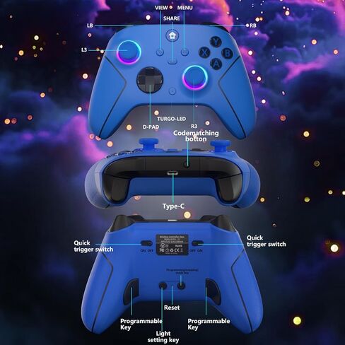 وحدة تحكم YUYIU لاسلكية 2.4 جيجا هرتز مع 7 ألوان RGB Light لوحدة تحكم Xbox، وXbox One Series X|S، ووحدات التحكم، ونوافذ الكمبيوتر الشخصي البخاري، مع بطارية 1000 مللي أمبير/ساعة Vib-ration مزدوجة/Turbo/قابلة للبرمجة، ومقبس صوت 3.5 مم (أزرق) in Kuwait