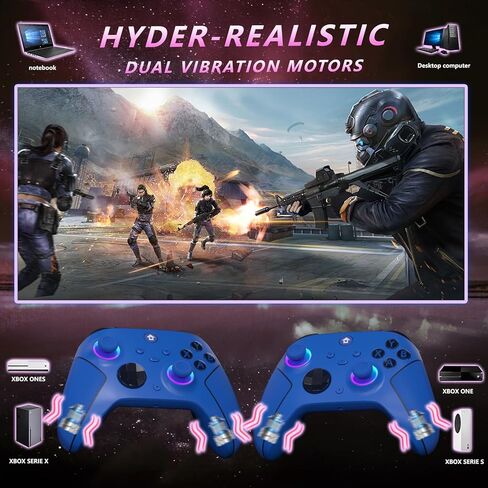 وحدة تحكم YUYIU لاسلكية 2.4 جيجا هرتز مع 7 ألوان RGB Light لوحدة تحكم Xbox، وXbox One Series X|S، ووحدات التحكم، ونوافذ الكمبيوتر الشخصي البخاري، مع بطارية 1000 مللي أمبير/ساعة Vib-ration مزدوجة/Turbo/قابلة للبرمجة، ومقبس صوت 3.5 مم (أزرق) in Kuwait