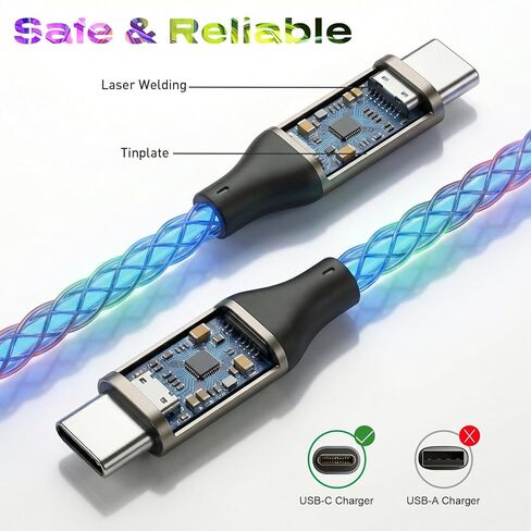 كابل USB C إلى USB C، كابل USB C LED RGB متدرج مضفر يضيء سريعًا سلك شاحن USB من النوع C لـ 17/16/15 Pro Max، سلك شاحن متوهج من النوع C لهاتف Galaxy S25 S24 A56 (متعدد الألوان، 6 أقدام) in Kuwait