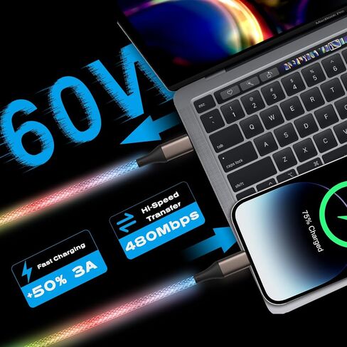 كابل USB C إلى USB C، كابل USB C LED RGB متدرج مضفر يضيء سريعًا سلك شاحن USB من النوع C لـ 17/16/15 Pro Max، سلك شاحن متوهج من النوع C لهاتف Galaxy S25 S24 A56 (متعدد الألوان، 6 أقدام) in Kuwait