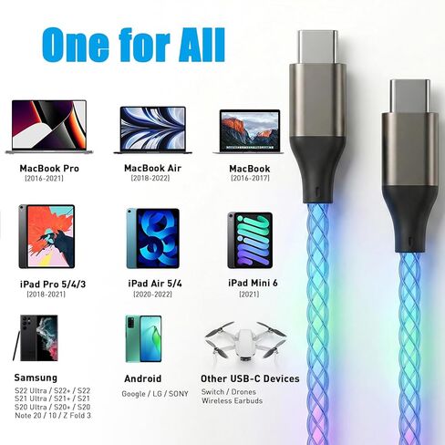 كابل USB C إلى USB C، كابل USB C LED RGB متدرج مضفر يضيء سريعًا سلك شاحن USB من النوع C لـ 17/16/15 Pro Max، سلك شاحن متوهج من النوع C لهاتف Galaxy S25 S24 A56 (متعدد الألوان، 6 أقدام) in Kuwait
