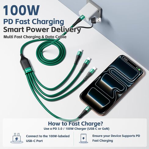 SIQIWO 2 Pack 4ft Multi USB C Cable,4 in 2 Braided USB A/C to USB C Splitter Charger Cord with 4 Type C Ports,QC/PD 3.0 Fast Charging for iPhone 15 16 17 Series,Samsung Galaxy,Sony,Pixel,LG(100W Max) in Kuwait
