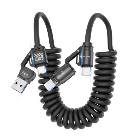 كابل شحن سيارة 4 في 1 قابل للسحب، سلك USB ملفوف للشحن السريع PD 240 وات لـ CarPlay وAndroid Auto، متوافق مع iPhone 16 15 14 13 وSamsung S24 وPixel - خالي من التشابك ومقاوم للحرارة in Kuwait