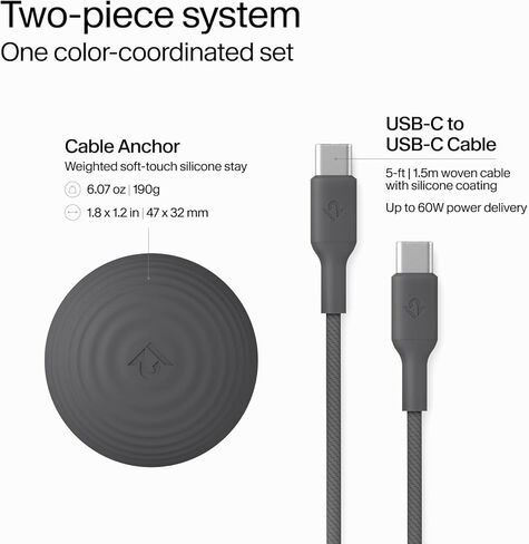 كابل Twelve South CableStay USB-C ومرساة مرجحة - كابل شحن USB-C بطول 5 أقدام (1.5 متر) إلى USB-C بقدرة 60 وات، وحامل كابل مكتبي لأجهزة iPhone وiPad وAirPods وMacBook Air والمزيد (Slate) in Kuwait