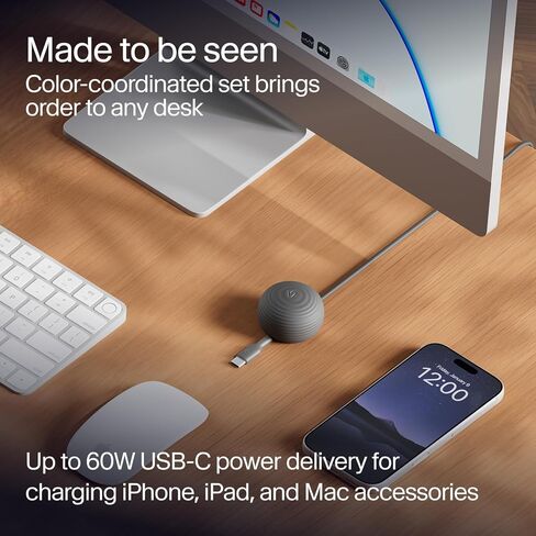 كابل Twelve South CableStay USB-C ومرساة مرجحة - كابل شحن USB-C بطول 5 أقدام (1.5 متر) إلى USB-C بقدرة 60 وات، وحامل كابل مكتبي لأجهزة iPhone وiPad وAirPods وMacBook Air والمزيد (Slate) in Kuwait