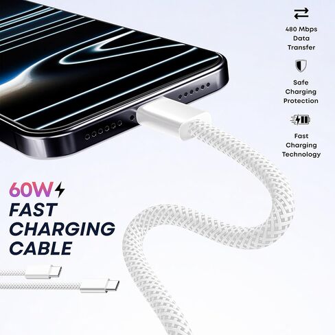 USB-C to USB-C Cable 2-Pack, 60W Fast Charging, Premium Nylon Braided, USB-C Power Delivery, Data Sync for iPhone 15/16/17, Android, Samsung, iPad, MacBook (2pack-3ft) in Saudi Arabia