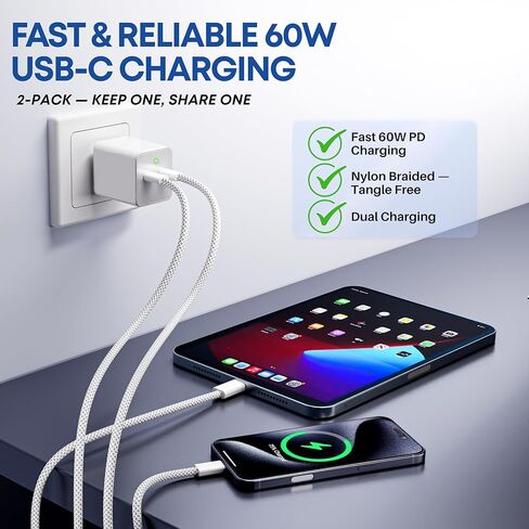 USB-C to USB-C Cable 2-Pack, 60W Fast Charging, Premium Nylon Braided, USB-C Power Delivery, Data Sync for iPhone 15/16/17, Android, Samsung, iPad, MacBook (2pack-3ft) in Saudi Arabia