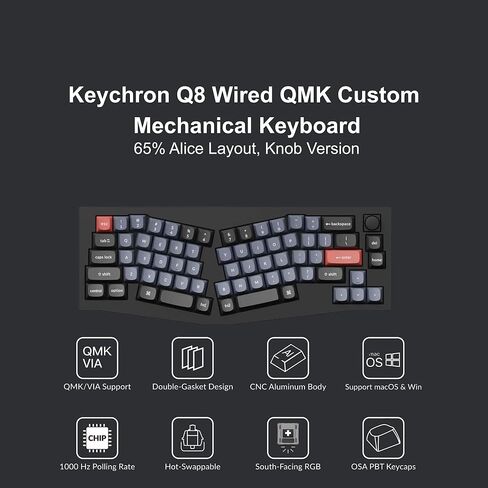 Keychron Q8 Wired Custom Mechanical Keyboard with Knob, 65% Alice Layout QMK/VIA Programmable, Hot-swappable Gateron Baby Raccoon Linear Switch, Double Gasket Compatible with Mac Windows Linux (Black) in Kuwait