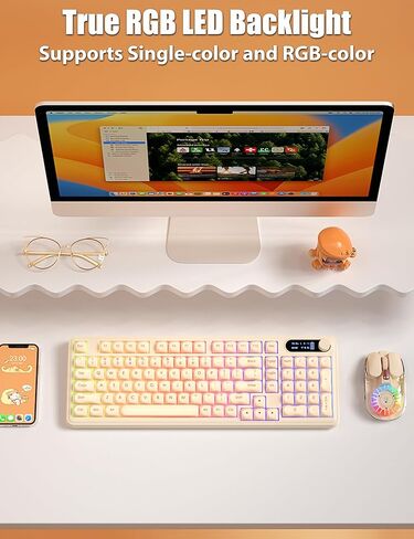Aesthetic Membrane Keyboard Wireless 2.4G/Bluetooth 5.0/Wired USB-C, Volume Knob, Half-Fog ABS Keycaps, RGB LED Backlit, 10000mAh Rechargeable Battery, Compact 98-Key with Numpad for Win/Mac in Kuwait