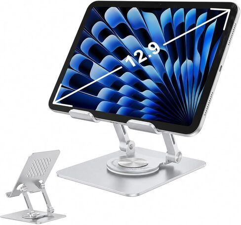 حامل iPad للكمبيوتر اللوحي للمكتب، حامل حامل قابل للطي من الألومنيوم يدور 360 درجة، حامل شاشة محمول لجهاز iPad Pro/Air/Mini مقاس 4.7-12.9 بوصة، Kindle، Galaxy Tab (فضي) in Kuwait